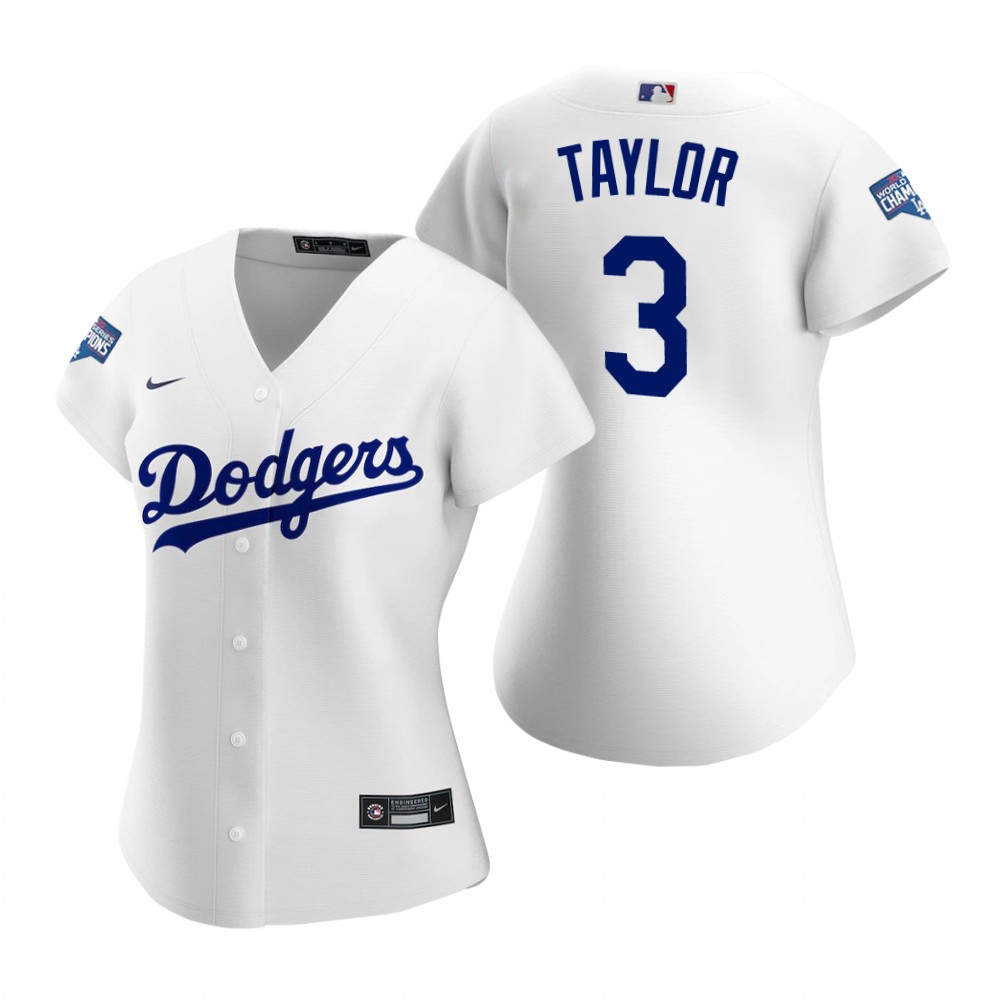 Personalized Women Los Angeles Dodgers #3 Chris Taylor White 2020 World Series Champions Jersey