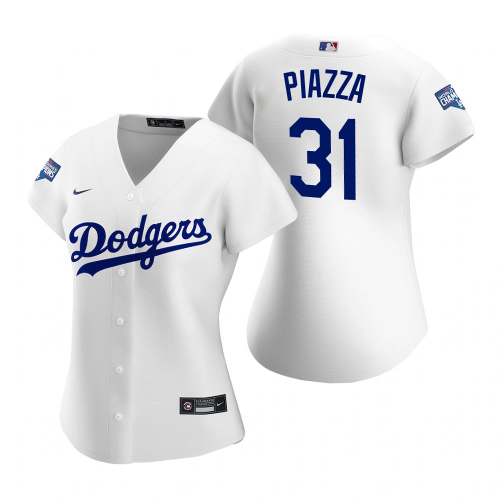 Personalized Women Los Angeles Dodgers #31 Mike Piazza White 2020 World Series Champions Jersey