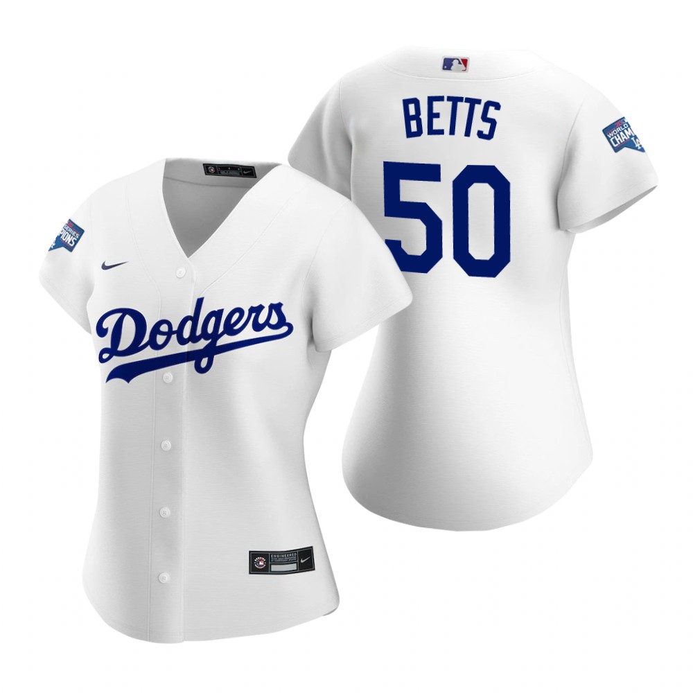 Personalized Women Los Angeles Dodgers #50 Mookie Betts White 2020 World Series Champions Jersey
