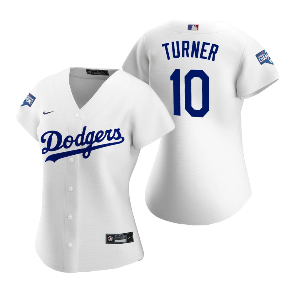 Personalized Women Los Angeles Dodgers #10 Justin Turner White 2020 World Series Champions Jersey