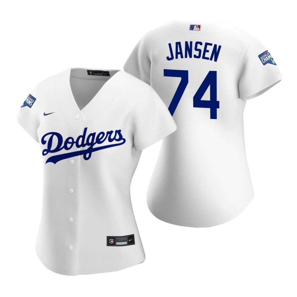 Personalized Women Los Angeles Dodgers #74 Kenley Jansen White 2020 World Series Champions Jersey