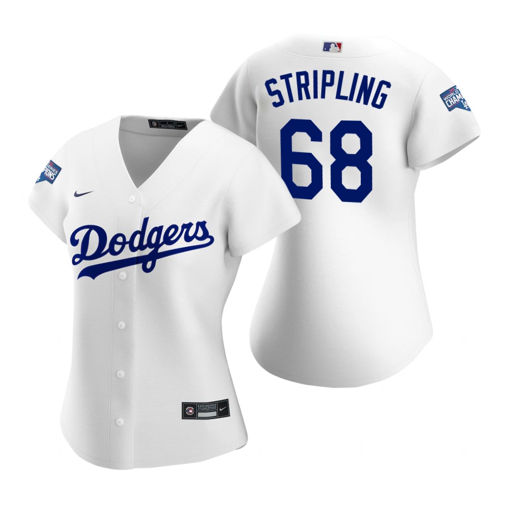 Personalized Women Los Angeles #68 Dodgers Ross Stripling White 2020 World Series Champions Jersey