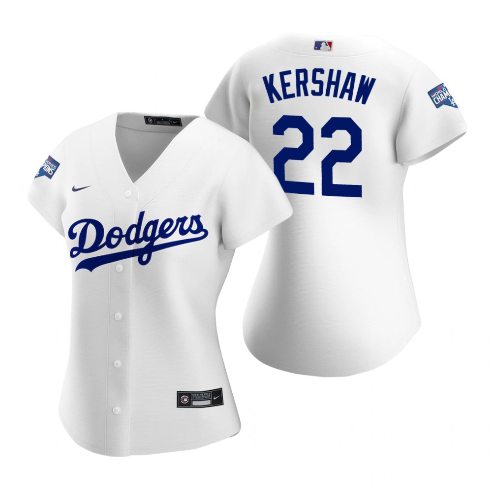 Personalized Women Los Angeles Dodgers #22 Clayton Kershaw White 2020 World Series Champions Jersey