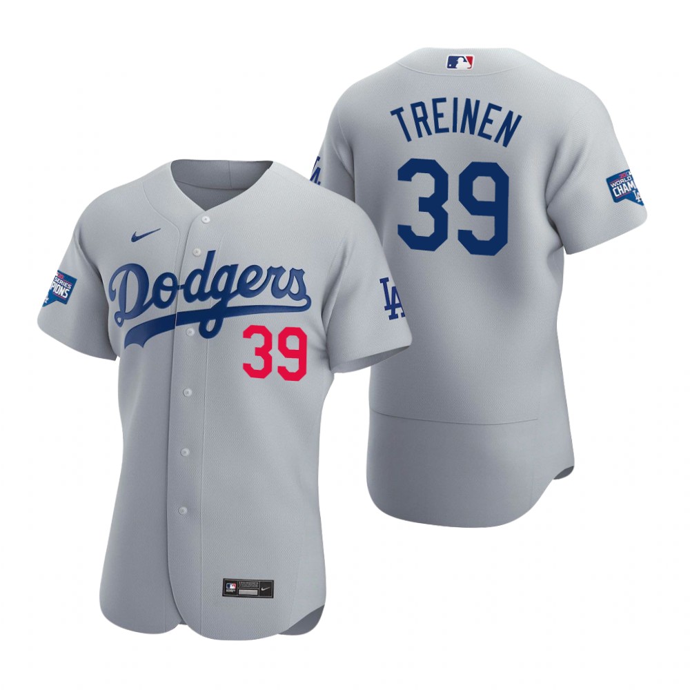 Personalized Los Angeles Dodgers 39 Blake Treinen Gray 2020 World Series Champions Authentic Jersey