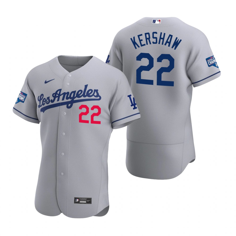 Personalized Los Angeles Dodgers 22 Clayton Kershaw Gray 2020 World Series Champions Road Authentic Jersey