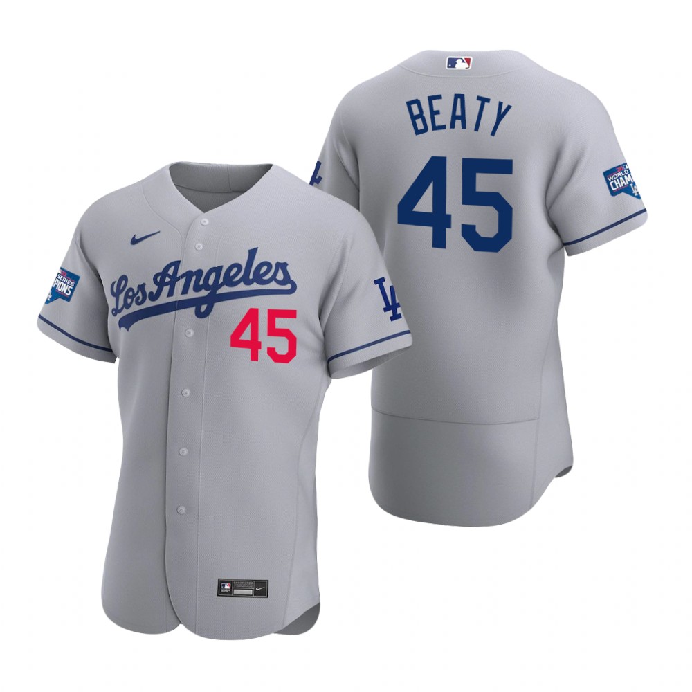 Personalized Los Angeles Dodgers #45 Matt Beaty Gray 2020 World Series Champions Authentic Jersey