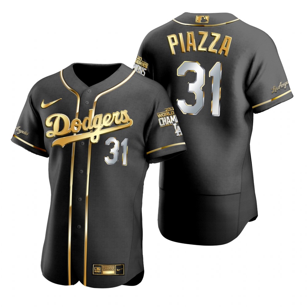Personalized Los Angeles Dodgers #31 Mike Piazza Black 2020 World Series Champions Gold Edition Jersey
