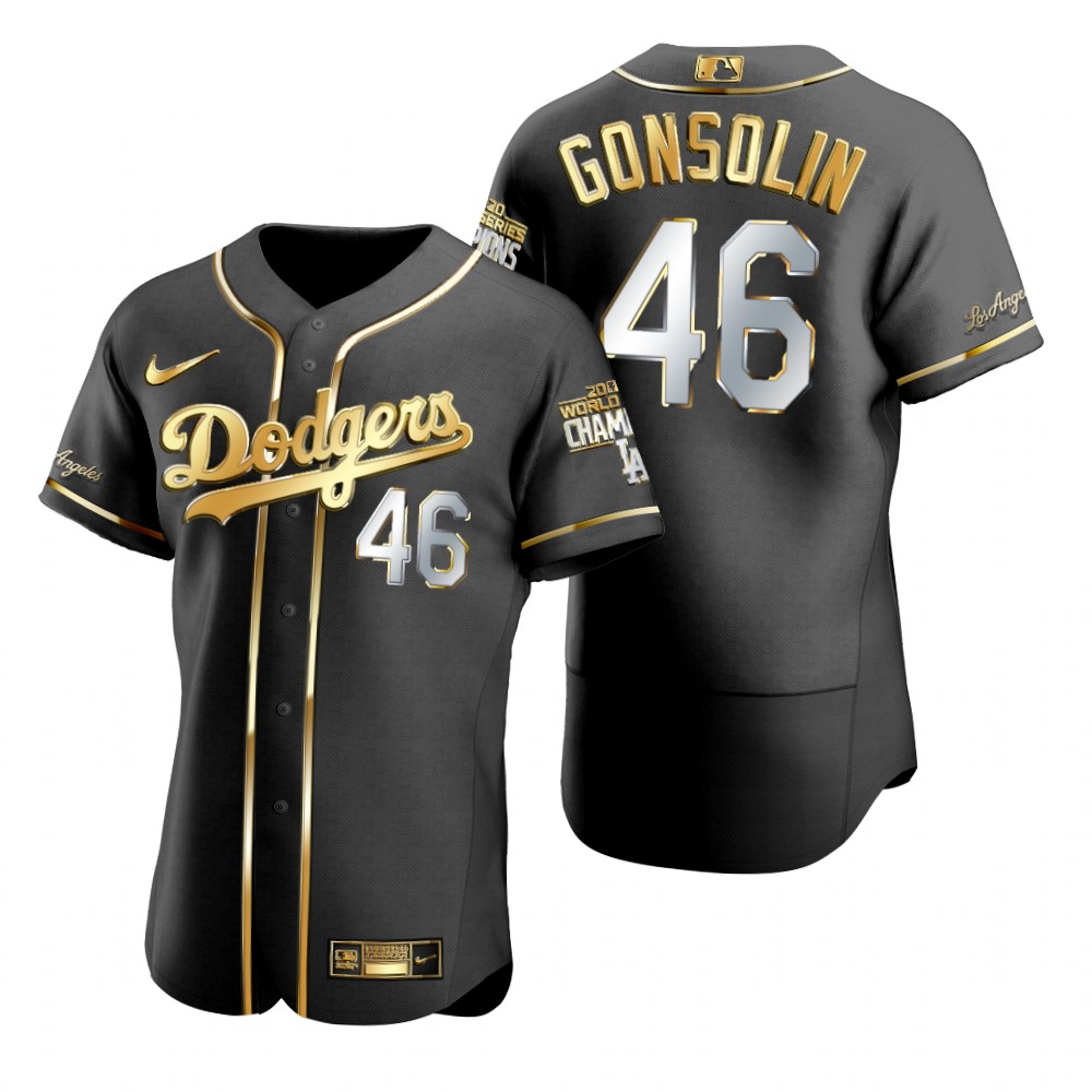 Personalized Los Angeles Dodgers #46 Tony Gonsolin Black 2020 World Series Champions Gold Edition Jersey