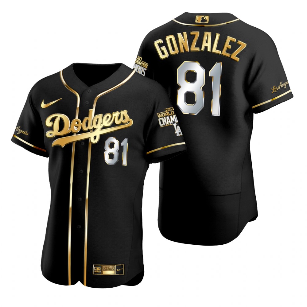 Personalized Los Angeles Dodgers #81 Victor Gonzalez Black 2020 World Series Champions Golden Limited Jersey