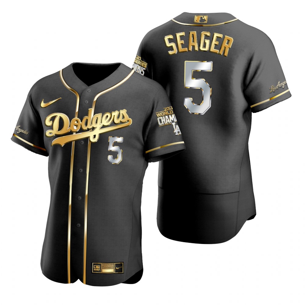 Personalized Los Angeles Dodgers #5 Corey Seager Black 2020 World Series Champions Gold Edition Jersey