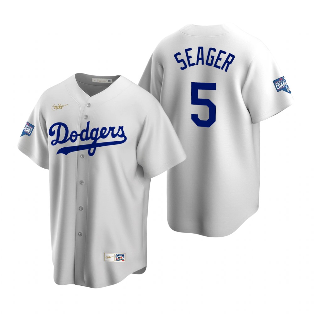 Personalized Brooklyn Dodgers #5 Corey Seager White 2020 World Series Champions Cooperstown Collection Jersey