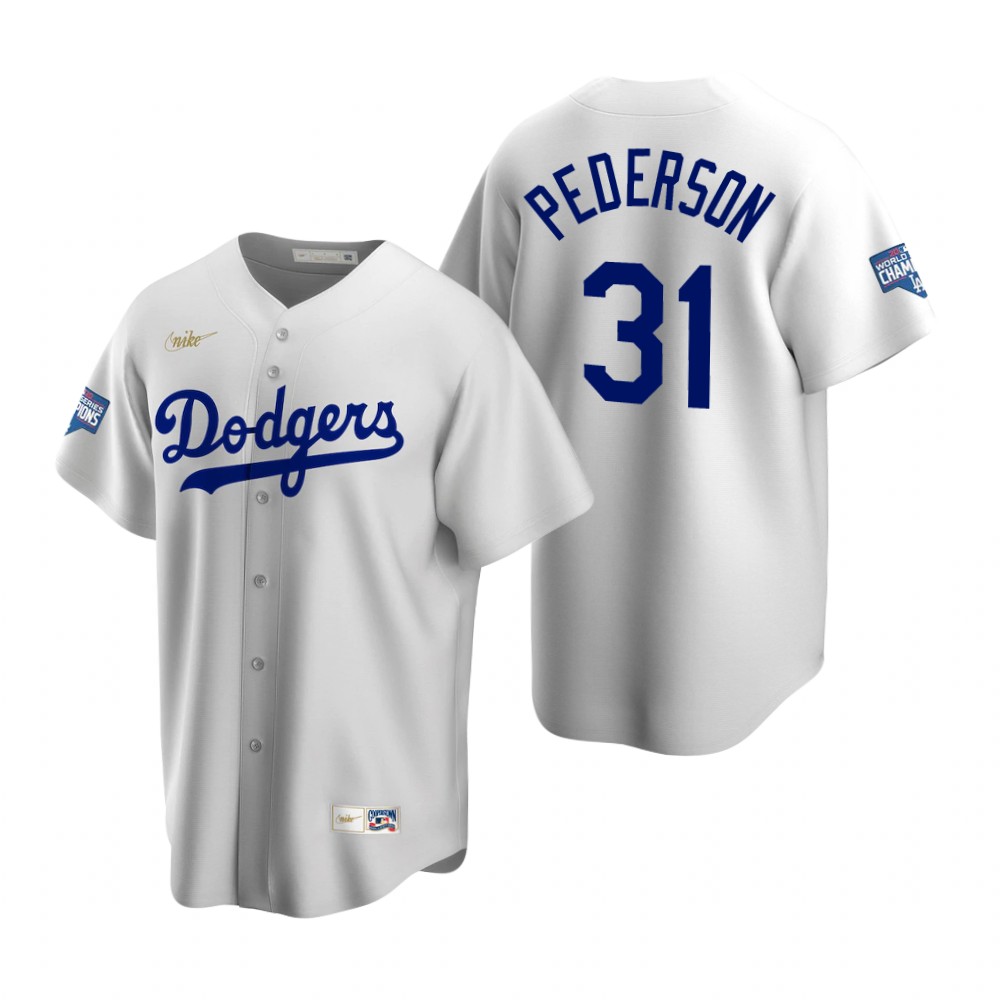 Personalized Brooklyn Dodgers #31 Joc Pederson White 2020 World Series Champions Cooperstown Collection Jersey