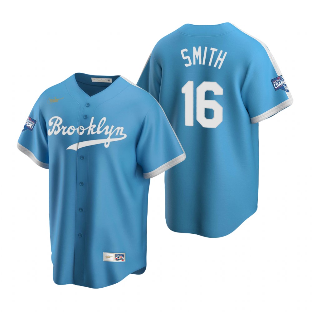 Personalized Brooklyn Dodgers #16 Will Smith Light Blue 2020 World Series Champions Cooperstown Collection Jersey