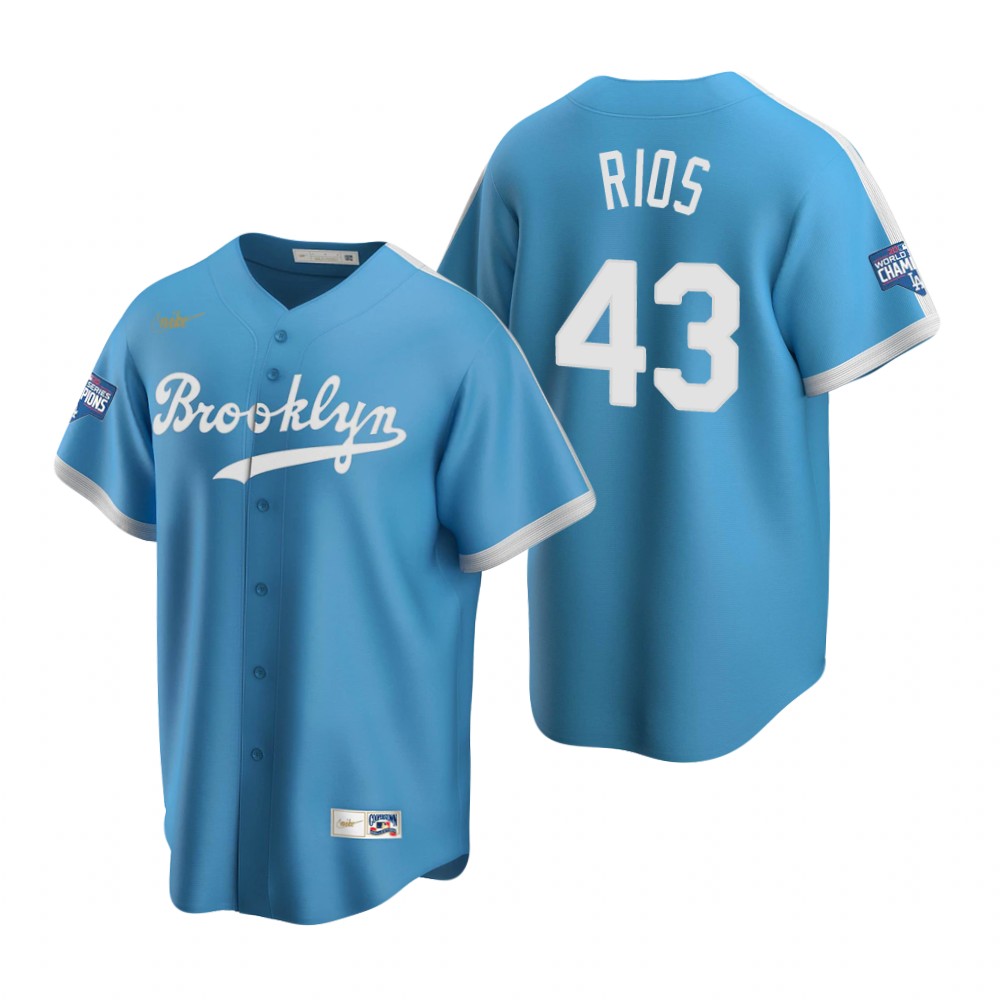 Personalized Brooklyn Dodgers #43 Edwin Rios Light Blue 2020 World Series Champions Cooperstown Collection Jersey