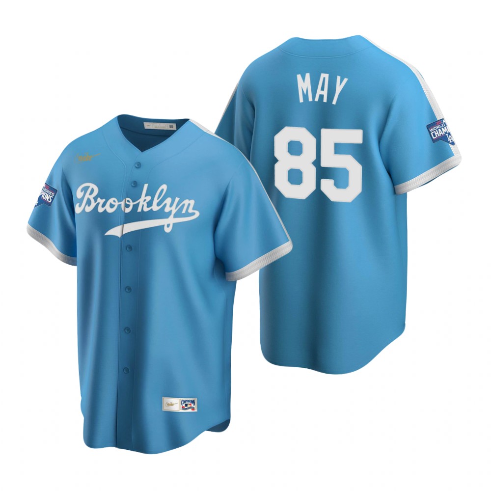 Personalized Brooklyn Dodgers #85 Dustin May Light Blue 2020 World Series Champions Cooperstown Collection Jersey