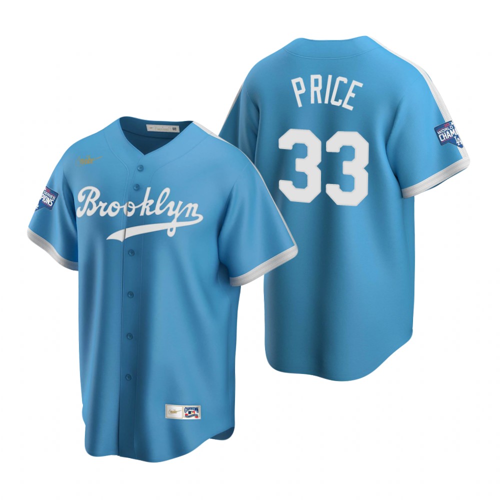 Personalized Brooklyn Dodgers #33 David Price Light Blue 2020 World Series Champions Cooperstown Collection Jersey