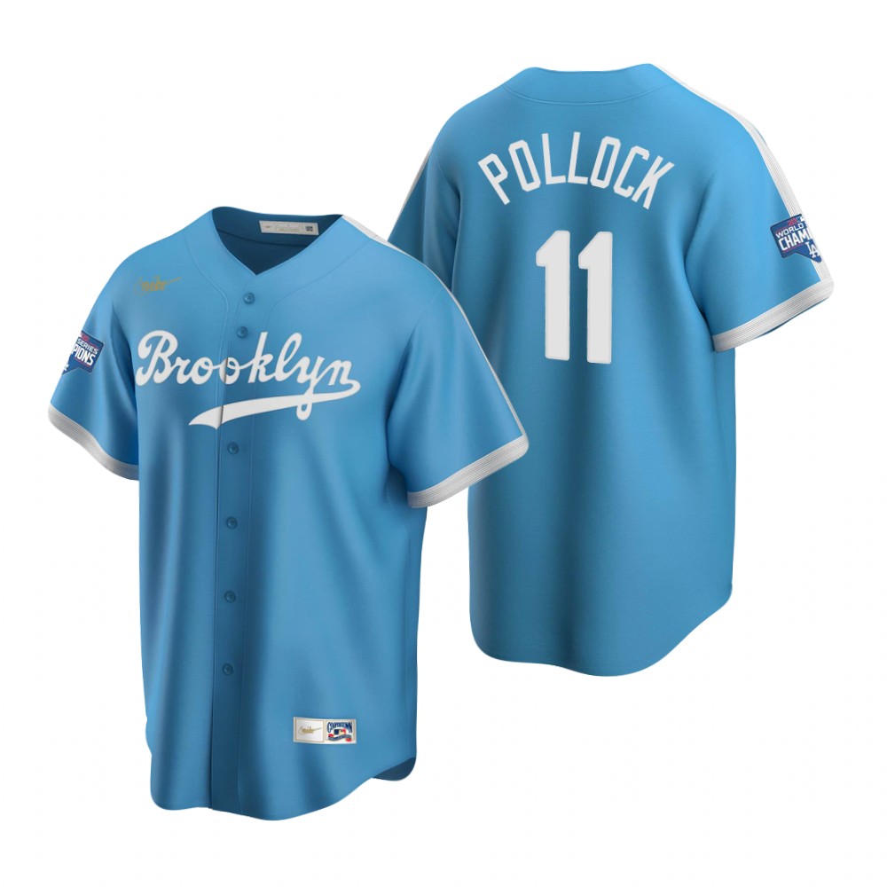 Personalized Brooklyn Dodgers #11 A.J. Pollock Light Blue 2020 World Series Champions Cooperstown Collection Jersey