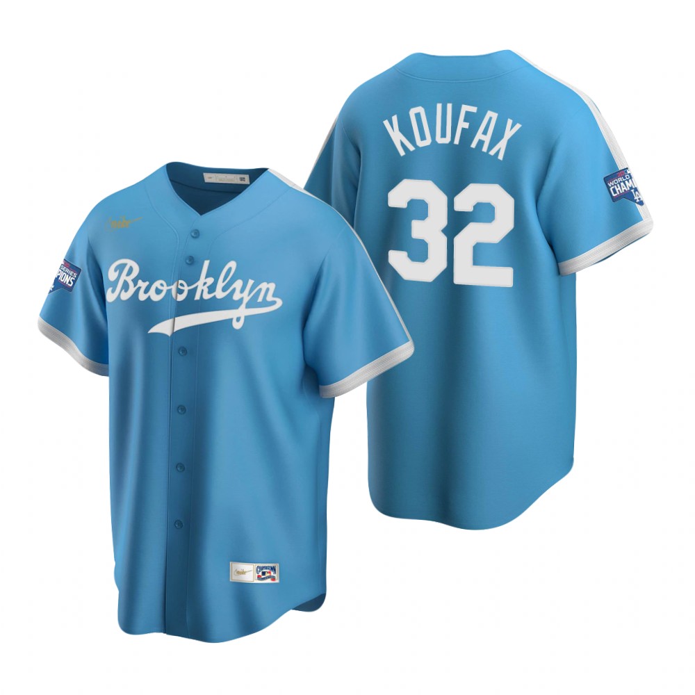 Personalized Brooklyn Dodgers #32 Sandy Koufax Light Blue 2020 World Series Champions Cooperstown Collection Jersey