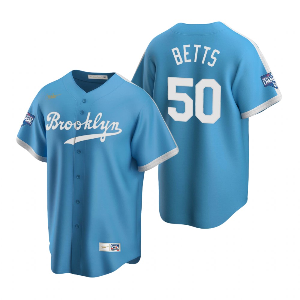 Personalized Brooklyn Dodgers #50 Mookie Betts Light Blue 2020 World Series Champions Cooperstown Collection Jersey