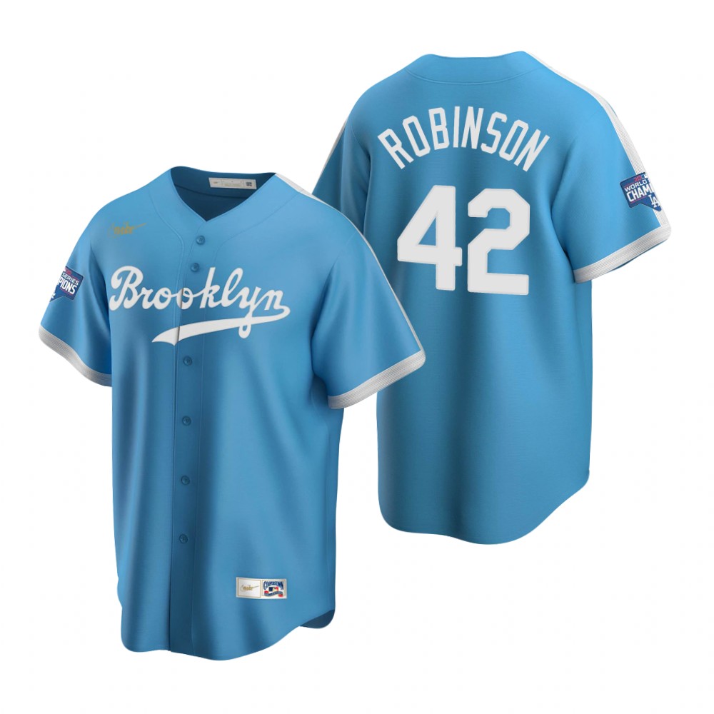 Personalized Brooklyn Dodgers #42 Jackie Robinson Light Blue 2020 World Series Champions Cooperstown Collection Jersey
