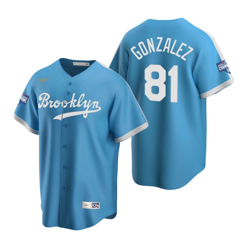 Personalized Brooklyn Dodgers #81 Victor Gonzalez Light Blue 2020 World Series Champions Cooperstown Collection Jersey