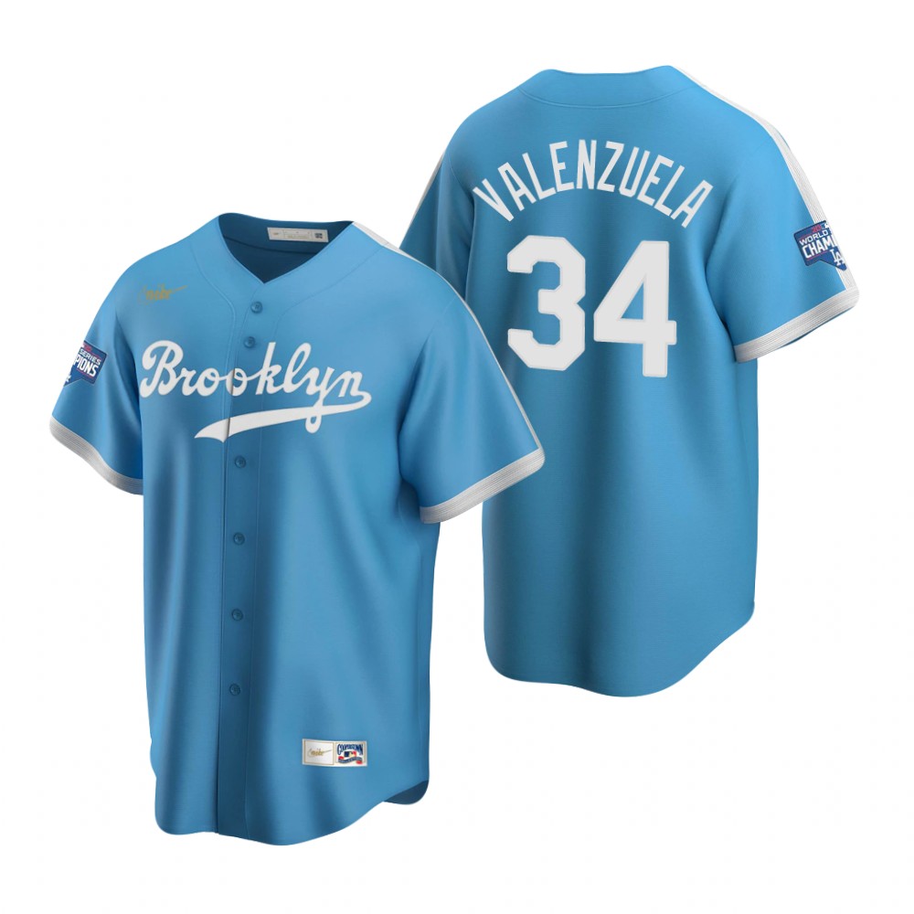 Personalized Brooklyn Dodgers #34 Fernando Valenzuela Light Blue 2020 World Series Champions Cooperstown Collection Jersey