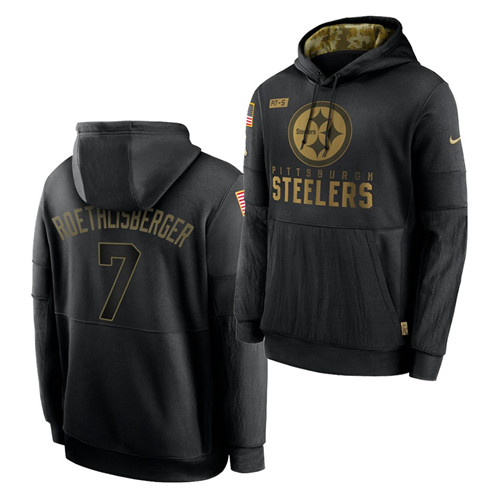 Personalized Men’s Pittsburgh Steelers #7 Ben Roethlisberger 2020 Salute To Service Black Sideline Performance Pullover Hoodie