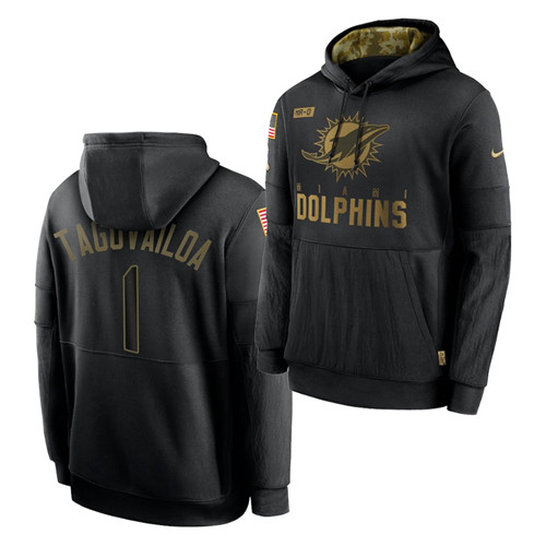 Personalized Men’s Miami Dolphins #1 Tua Tagovailoa 2020 Salute To Service Black Sideline Performance Pullover Hoodie