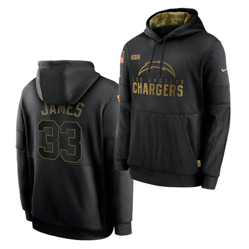 Personalized Men’s Los Angeles Chargers #33 Derwin James 2020 Salute To Service Black Sideline Performance Pullover Hoodie