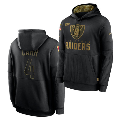 Personalized Men’s Las Vegas Raiders #4 Derek Carr 2020 Salute To Service Black Sideline Performance Pullover Hoodie