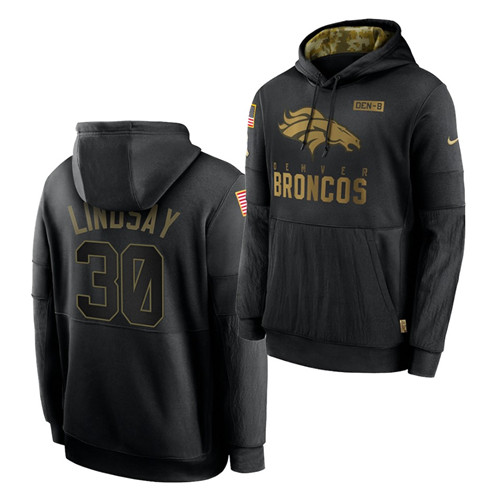 Personalized Men’s Denver Broncos #30 Phillip Lindsay 2020 Salute To Service Black Sideline Performance Pullover Hoodie