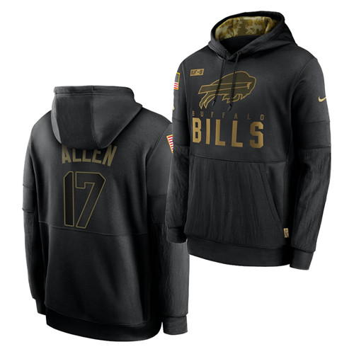 Personalized Men’s Buffalo Bills #17 Josh Allen 2020 Salute To Service Black Sideline Performance Pullover Hoodie