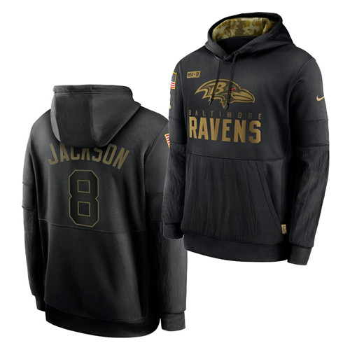 Personalized Men’s Baltimore Ravens #8 Lamar Jackson 2020 Salute To Service Black Sideline Performance Pullover Hoodie