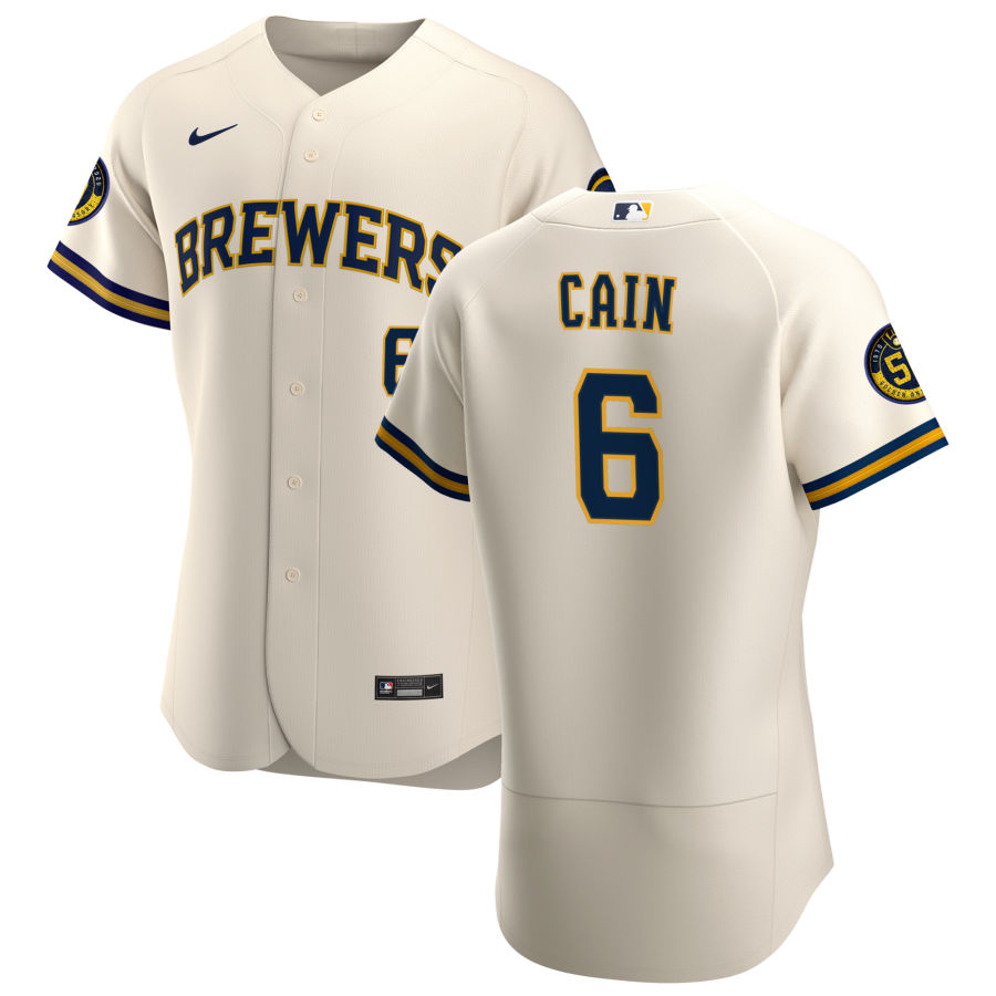 Personalized Milwaukee Brewers #6 Lorenzo Cain Men’s Cream Home 2020 Authentic Player MLB Jersey
