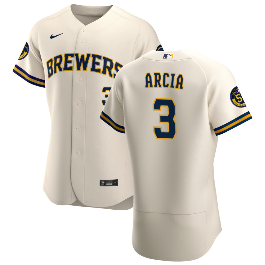 Personalized Milwaukee Brewers #3 Orlando Arcia Men’s Cream Home 2020 Authentic Player MLB Jersey