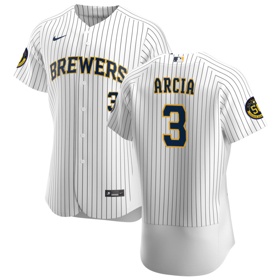 Personalized Milwaukee Brewers #3 Orlando Arcia Men’s White Home 2020 Authentic Player MLB Jersey