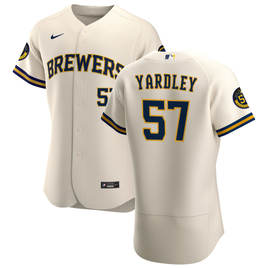 Personalized Milwaukee Brewers #57 Eric Yardley Men’s Cream Home 2020 Authentic Player MLB Jersey