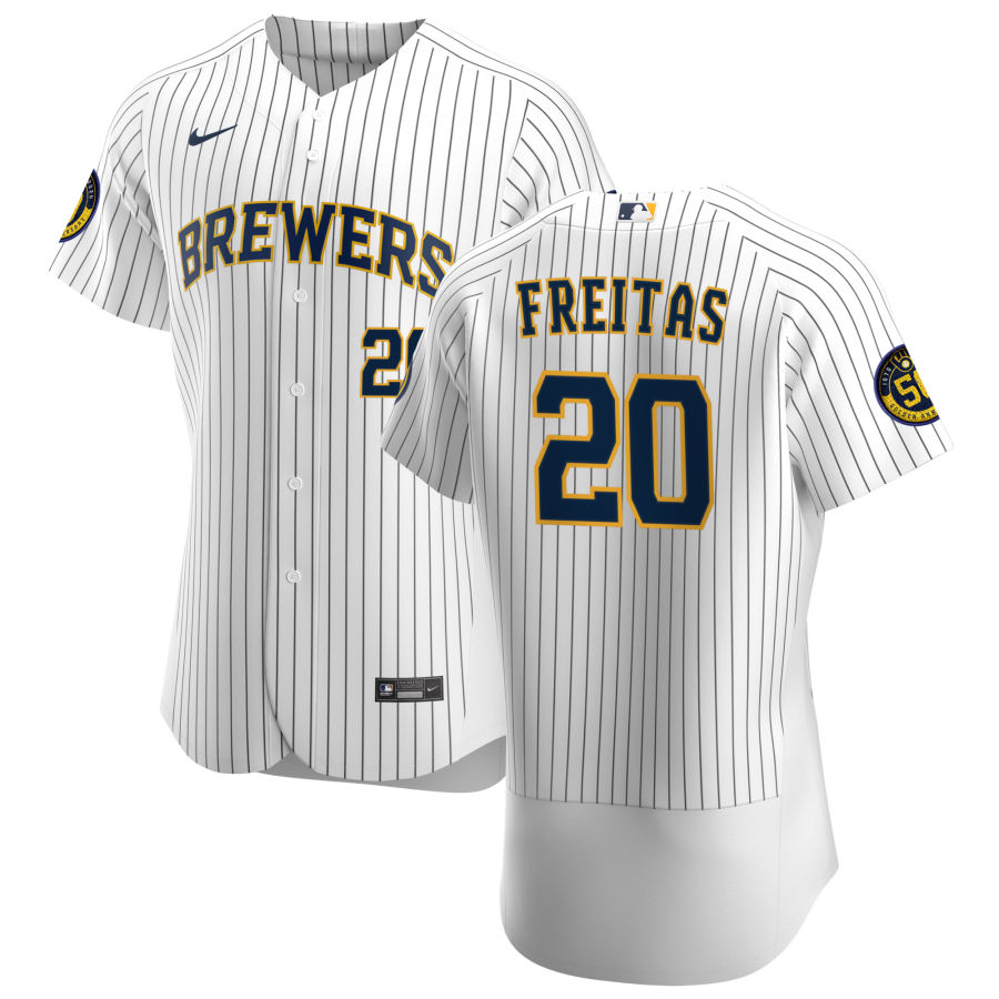 Personalized Milwaukee Brewers #20 David Freitas Men’s White Home 2020 Authentic Player MLB Jersey