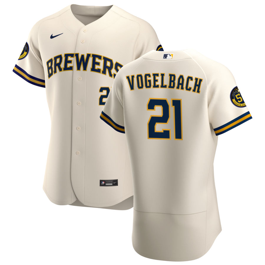 Personalized Milwaukee Brewers #21 Daniel Vogelbach Men’s Cream Home 2020 Authentic Player MLB Jersey