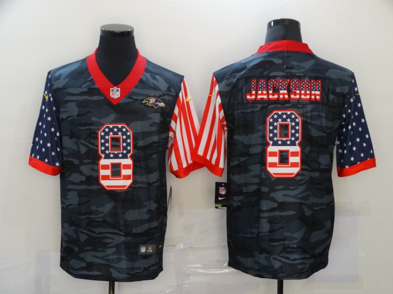 Personalized Ravens 8 Lamar Jackson Black Camo USA Flag Limited Jersey