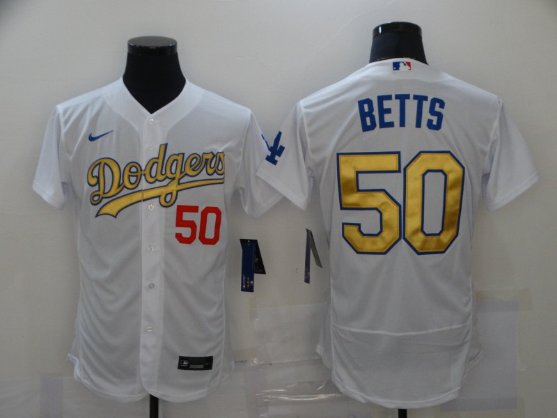 Personalized Dodgers 50 Mookie Betts White Gold 2020 Flexbase Jersey