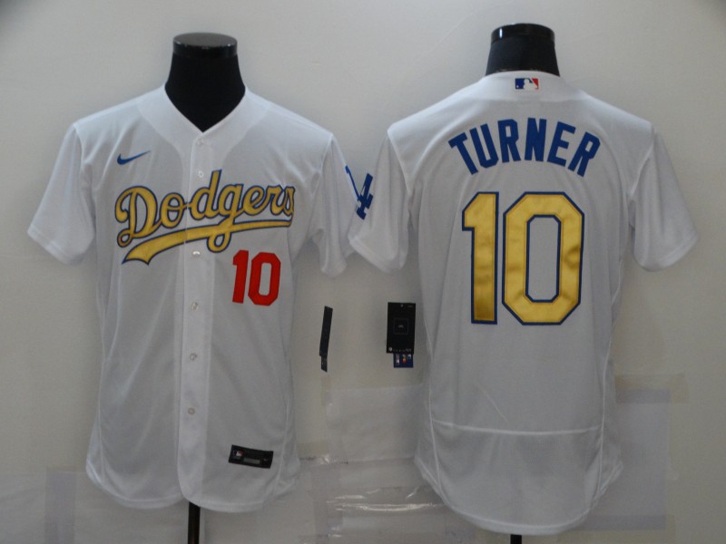 Personalized Dodgers 10 Justin Turner White Gold 2020 Flexbase Jersey