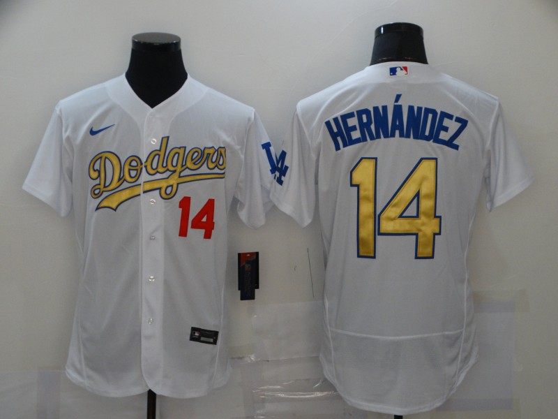 Personalized Dodgers 14 Enrique Hernandez White Gold 2020 Flexbase Jersey