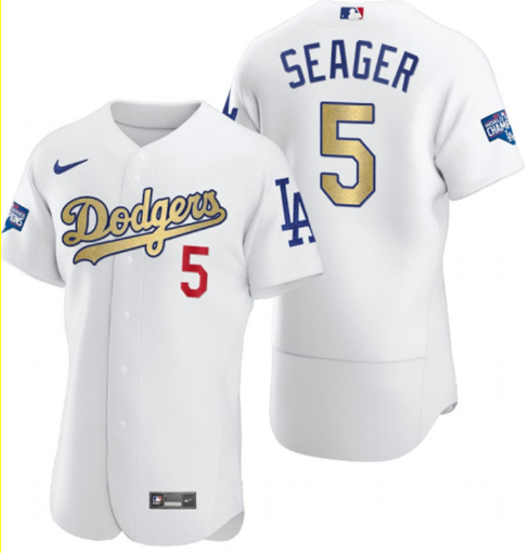 Personalized Dodgers 5 Corey Seager White Gold 2020 World Series Champions Flexbase Jersey