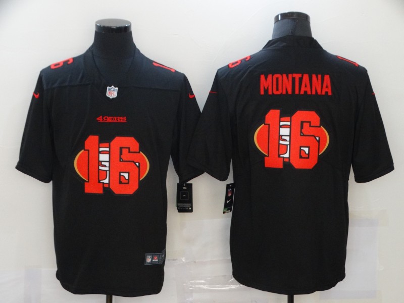 Personalized 49ers 16 Joe Montana Black Shadow Logo Limited Jersey