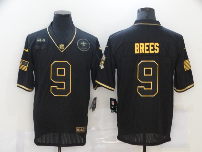 Personalized Saints 9 Drew Brees Black Gold 2020 Salute To Service Limited Jersey