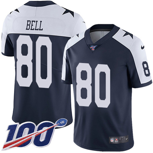 Personalized Cowboys #80 Blake Bell Navy Blue Thanksgiving Men’s Stitched NFL 100th Season Throwback Limited Jersey
