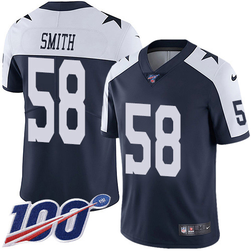 Personalized Cowboys #58 Aldon Smith Navy Blue Thanksgiving Men’s Stitched NFL 100th Season Throwback Limited Jersey