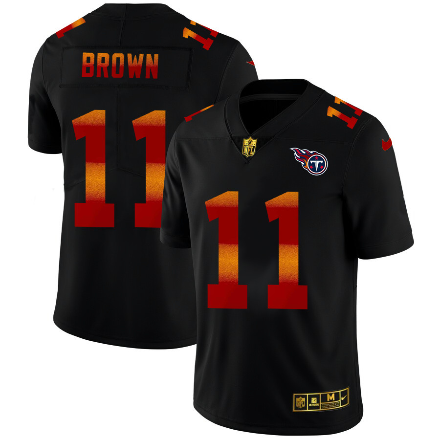 Personalized Tennessee Titans #11 A.J. Brown Men’s Black Red Orange Stripe Limited NFL Jersey