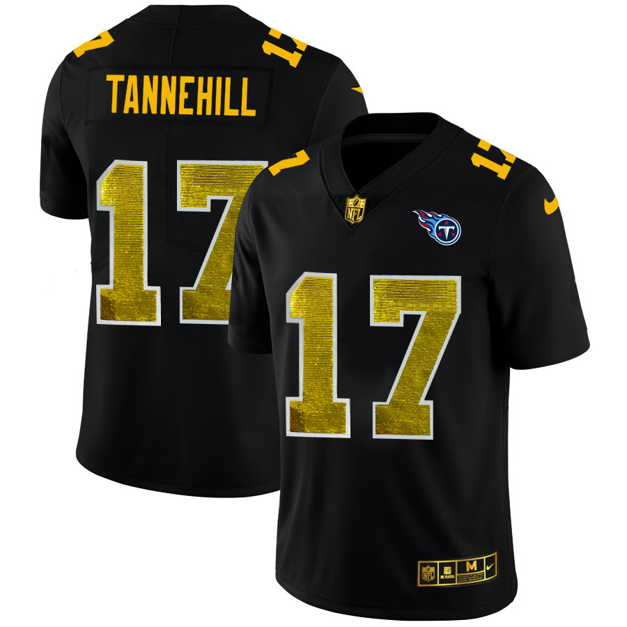 Personalized Tennessee Titans #17 Ryan Tannehill Men’s Black Golden Sequin Limited NFL Jersey